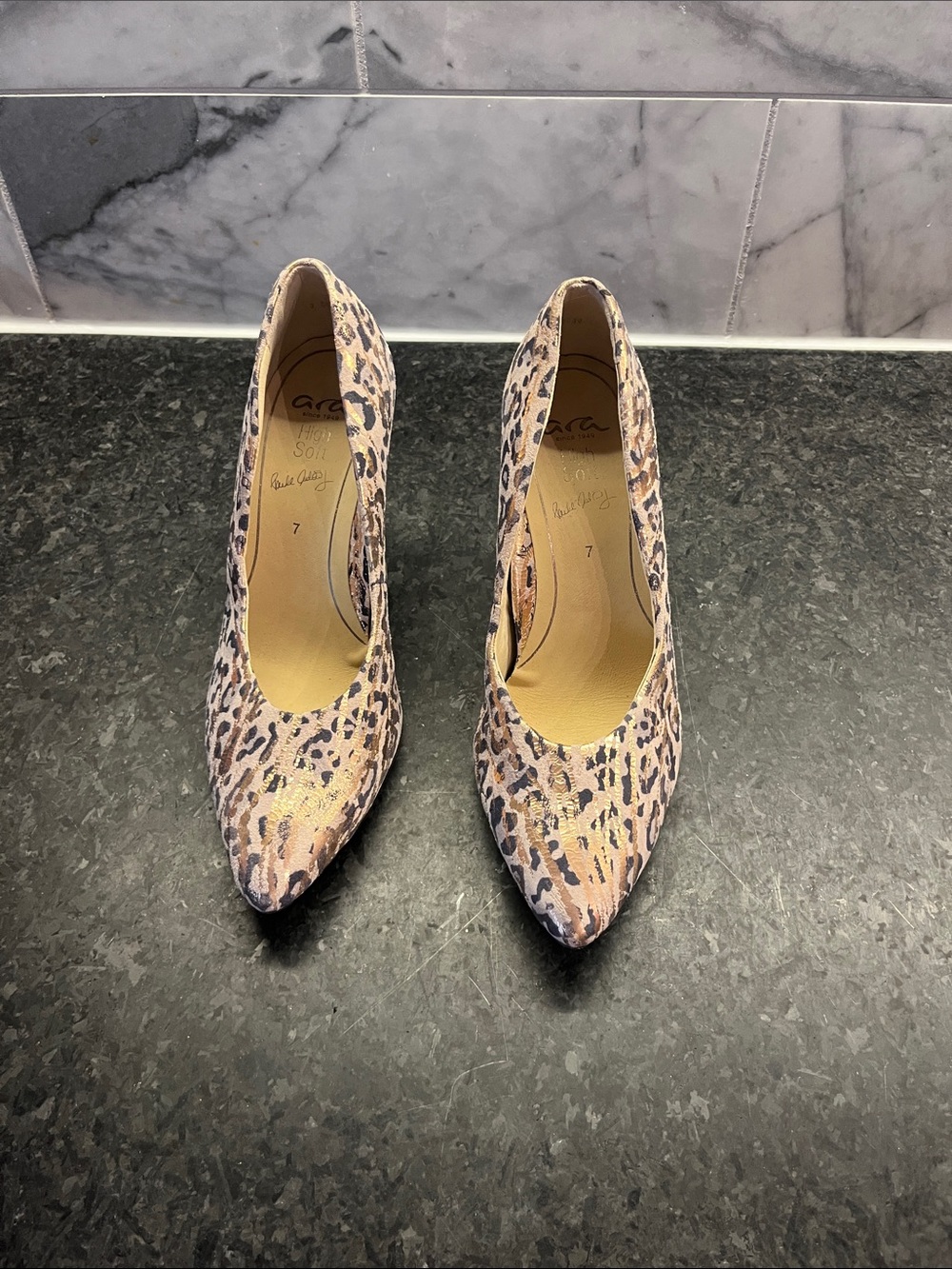 Ara Leopard-Print Pointed Toe Pumps in Beige and Grey
